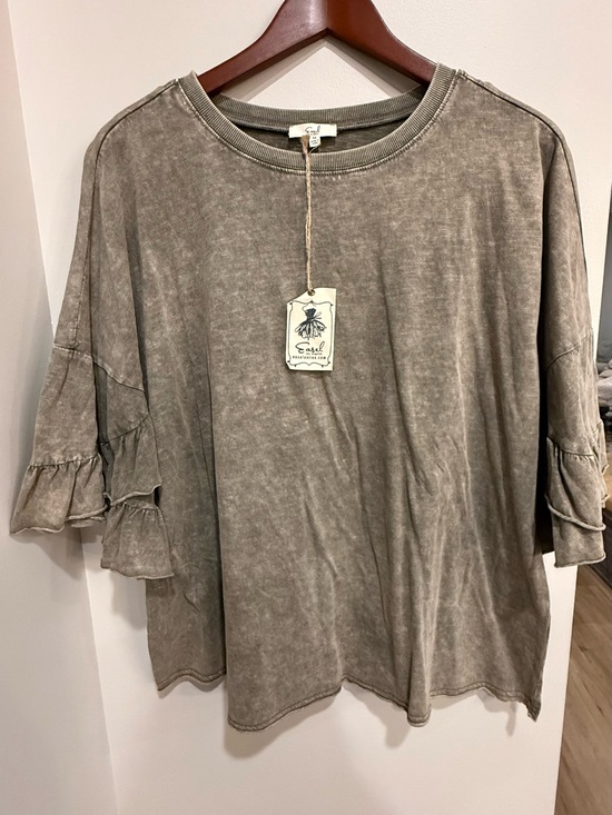 easel Tops - easel Mineral Wash Ruffle Sleeve Top — Taupe